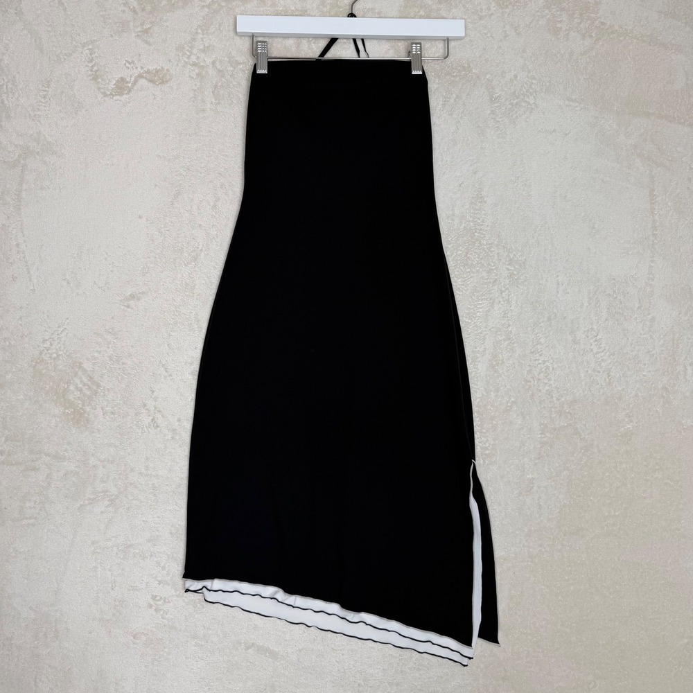 Express Vintage Black Strapless Asymmetrical Midi Dress White Layered Hem Sz 1/2
